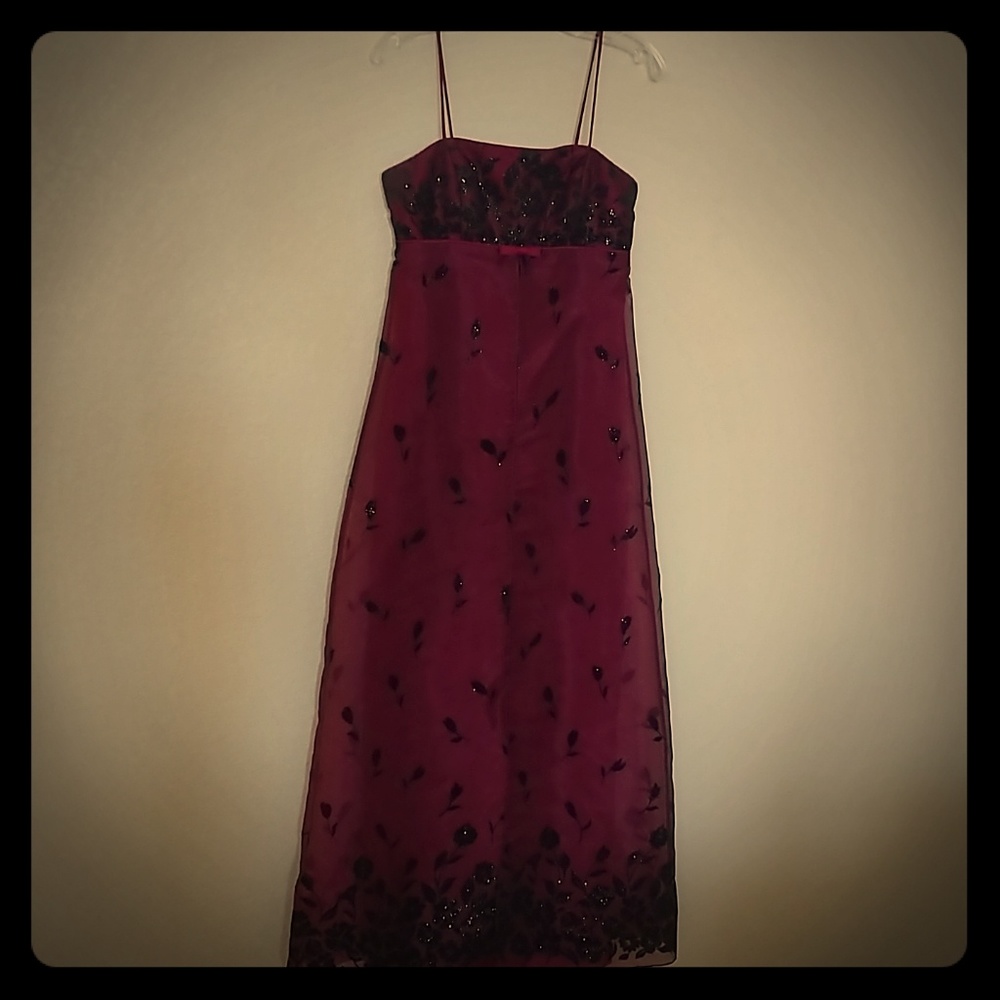 Long, floor length burgundy gown